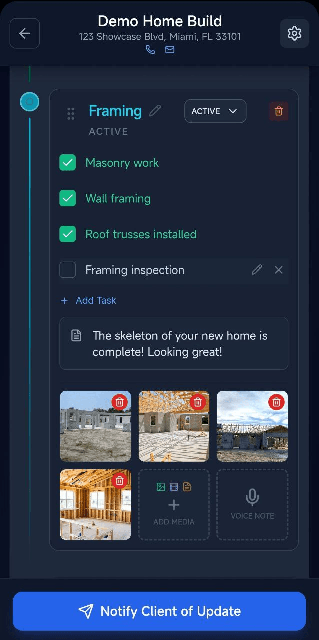 Owner dashboard: add media, voice notes, and notify client from one screen